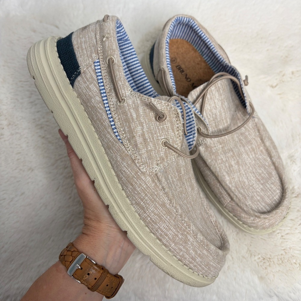Bruno Marc Mens Loafers Tan Canvas Boat Shoes Size 8 Slip On Moc Toe Lightweight